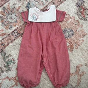 Vintage Red Gingham Baby Romper with Embroidered Holiday Collar